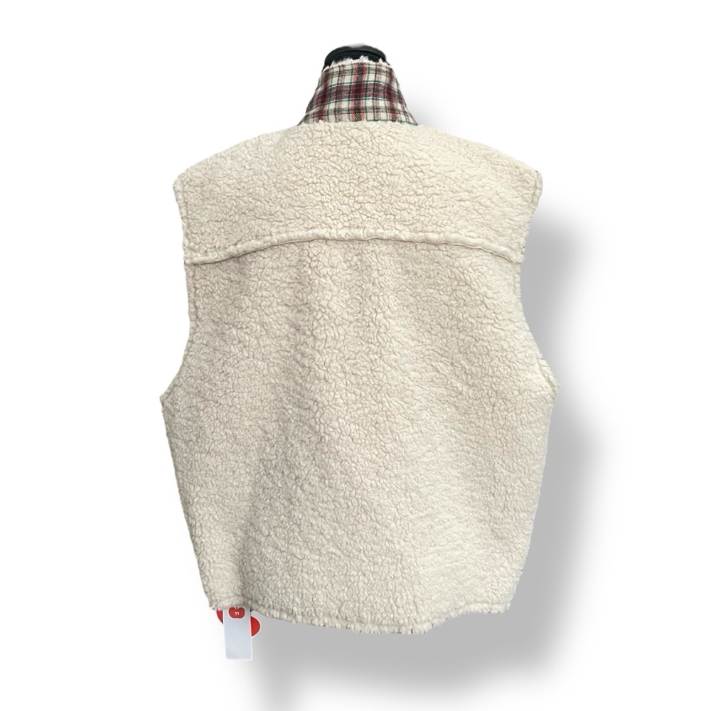 NWT Cozy Cream Sherpa Vest by Cider Snap Front Tartan Plaid Trim Cottage Nordic - Picture 5 of 15